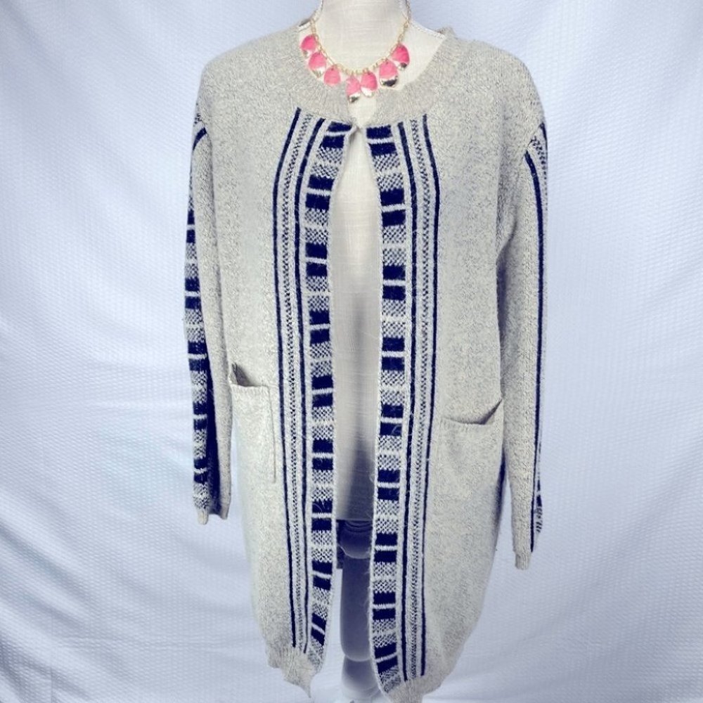 🌟Mia Maddison Long Cardigan Sweater Duster Grey Black Fuzzy Open Front M